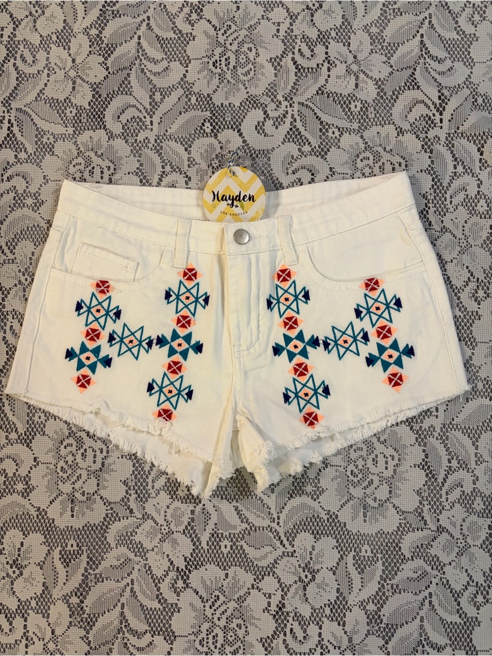 Hayden Los Angeles Cotton Embroidered Aztec / Geometric Print Raw Hem Shorts
